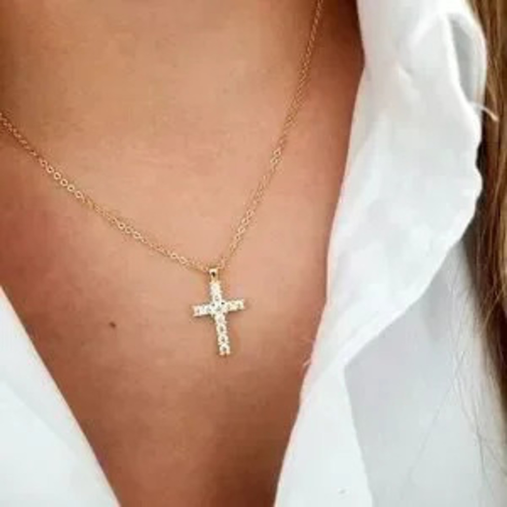 Gold Zirconia Delicate Cross Pendant Necklace